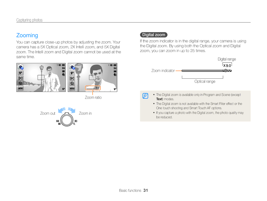 Samsung ECMV800ZBPBUS user manual Zooming, Capturing photos, Digital zoom  